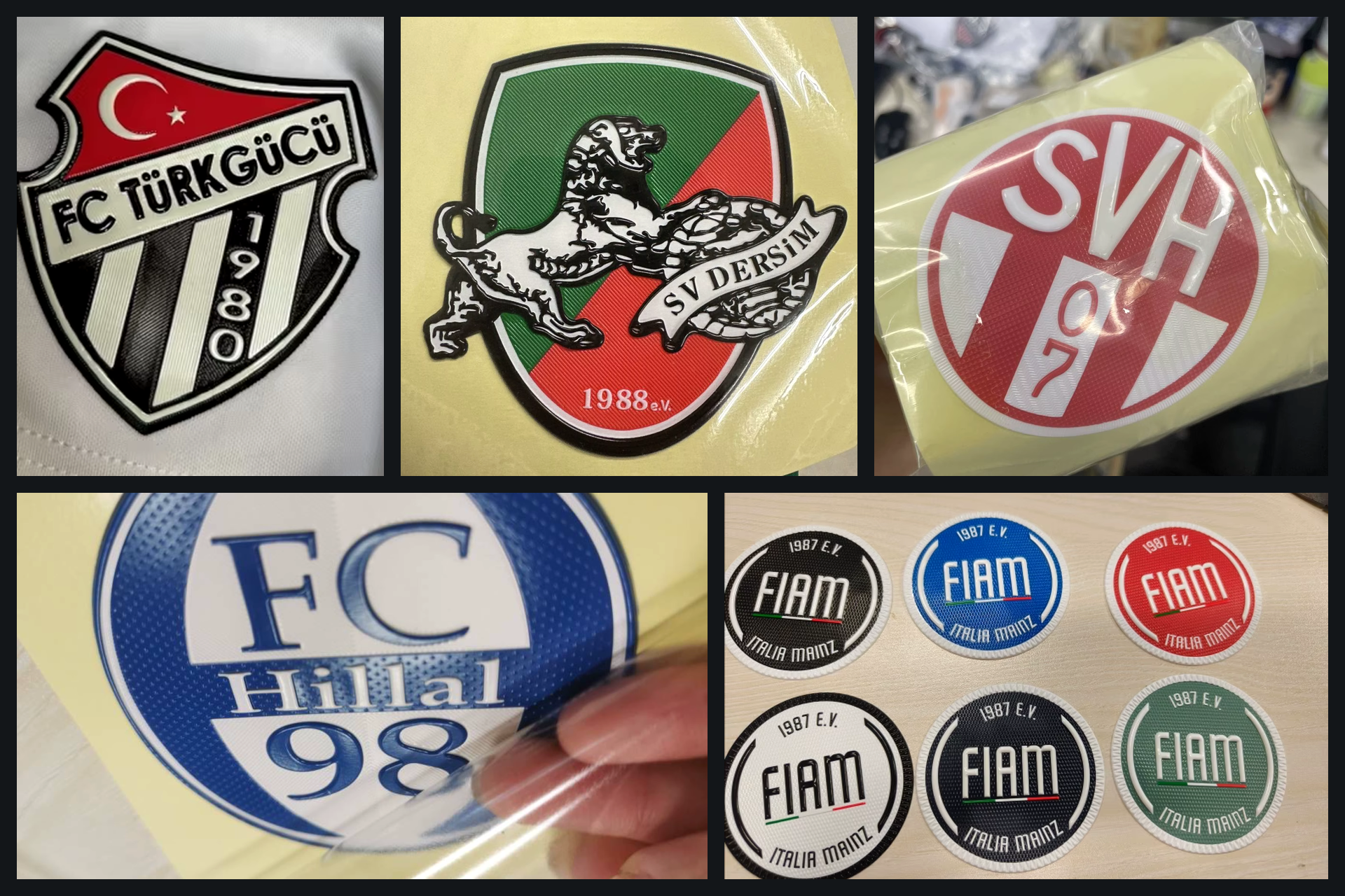 Zusammenstellung verschiedener dreidimensionaler TPU-Vereinslogos und Embleme