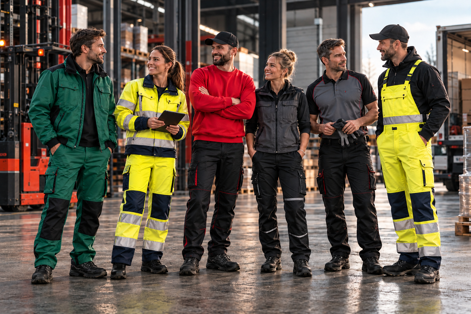 Mitarbeiter in unterschiedlicher Arbeits- und Firmenbekleidung in einer Industriehalle